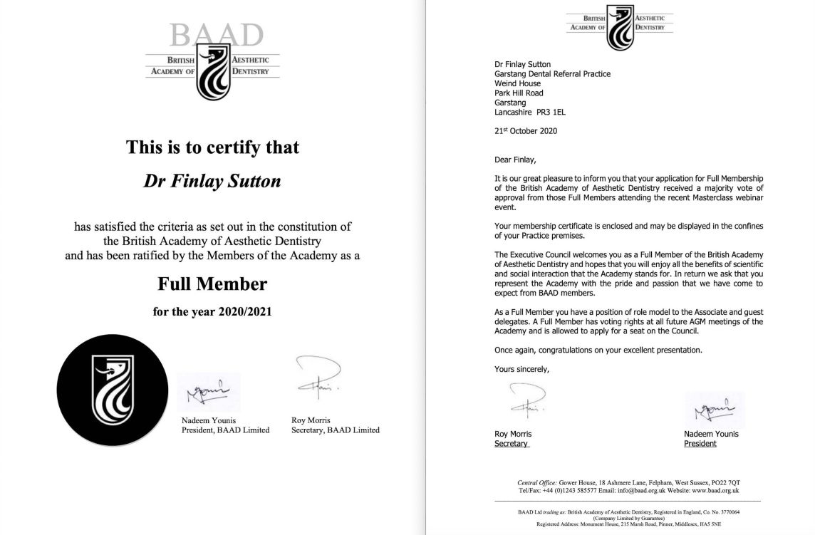 Finlay's BAAD full membership certificate