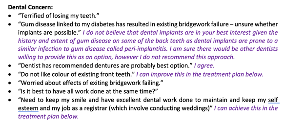 Figure 11 Dental concerns with my responses in the treatment plan letter.