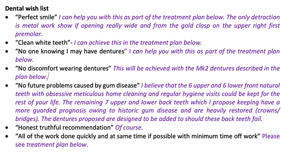 Figure 12 Dental wish list with my responses in the treatment plan letter. Fulfilment of the wishes are addressed as a yes, no or maybe - at the beginning of treatment to avoid over promising.